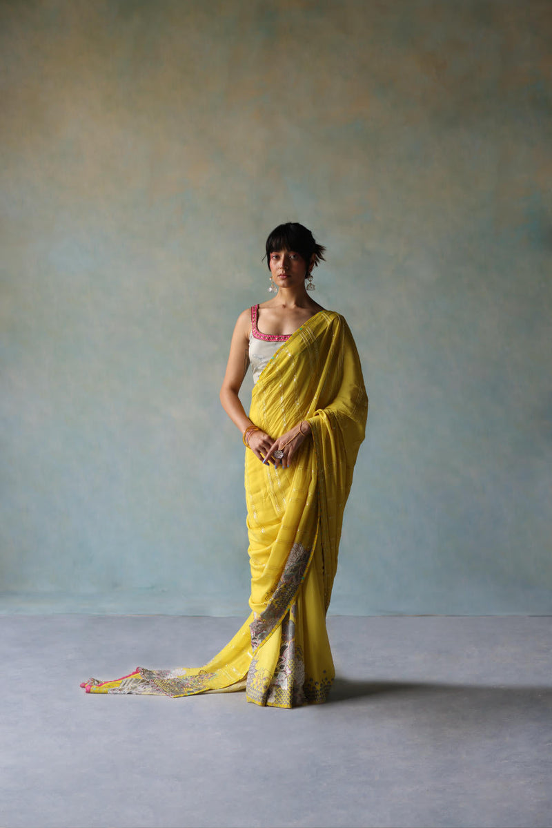 GUL YELLOW PRINTED STRIPE CREPE SARI by Rajiramniq for women Worldwide