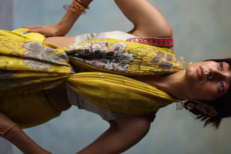 GUL YELLOW PRINTED STRIPE CREPE SARI by Rajiramniq for women Worldwide