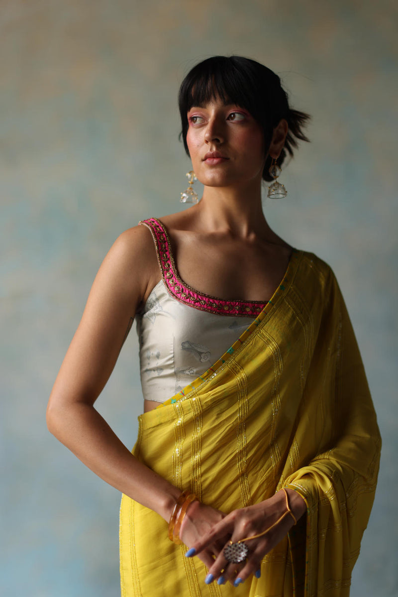 GUL YELLOW PRINTED STRIPE CREPE SARI by Rajiramniq for women Worldwide