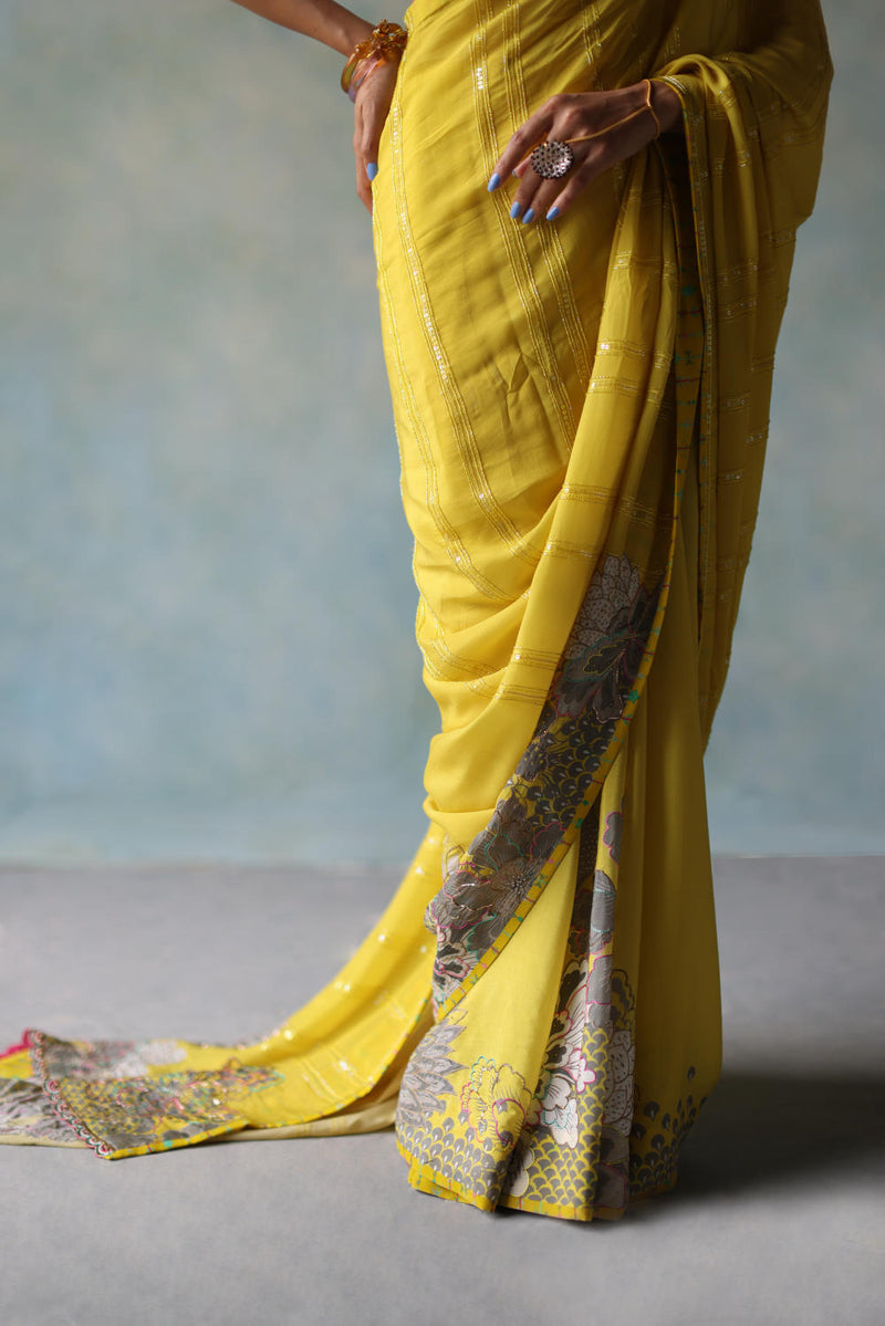 GUL YELLOW PRINTED STRIPE CREPE SARI by Rajiramniq for women Worldwide