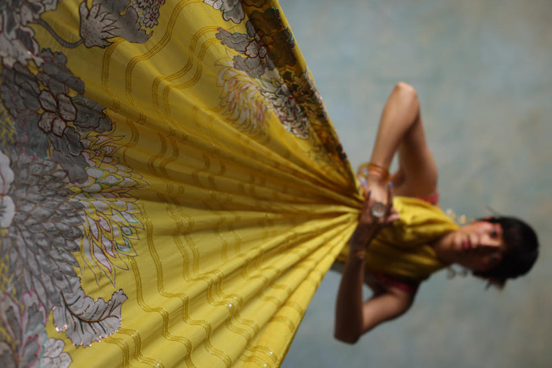 GUL YELLOW PRINTED STRIPE CREPE SARI by Rajiramniq for women Worldwide