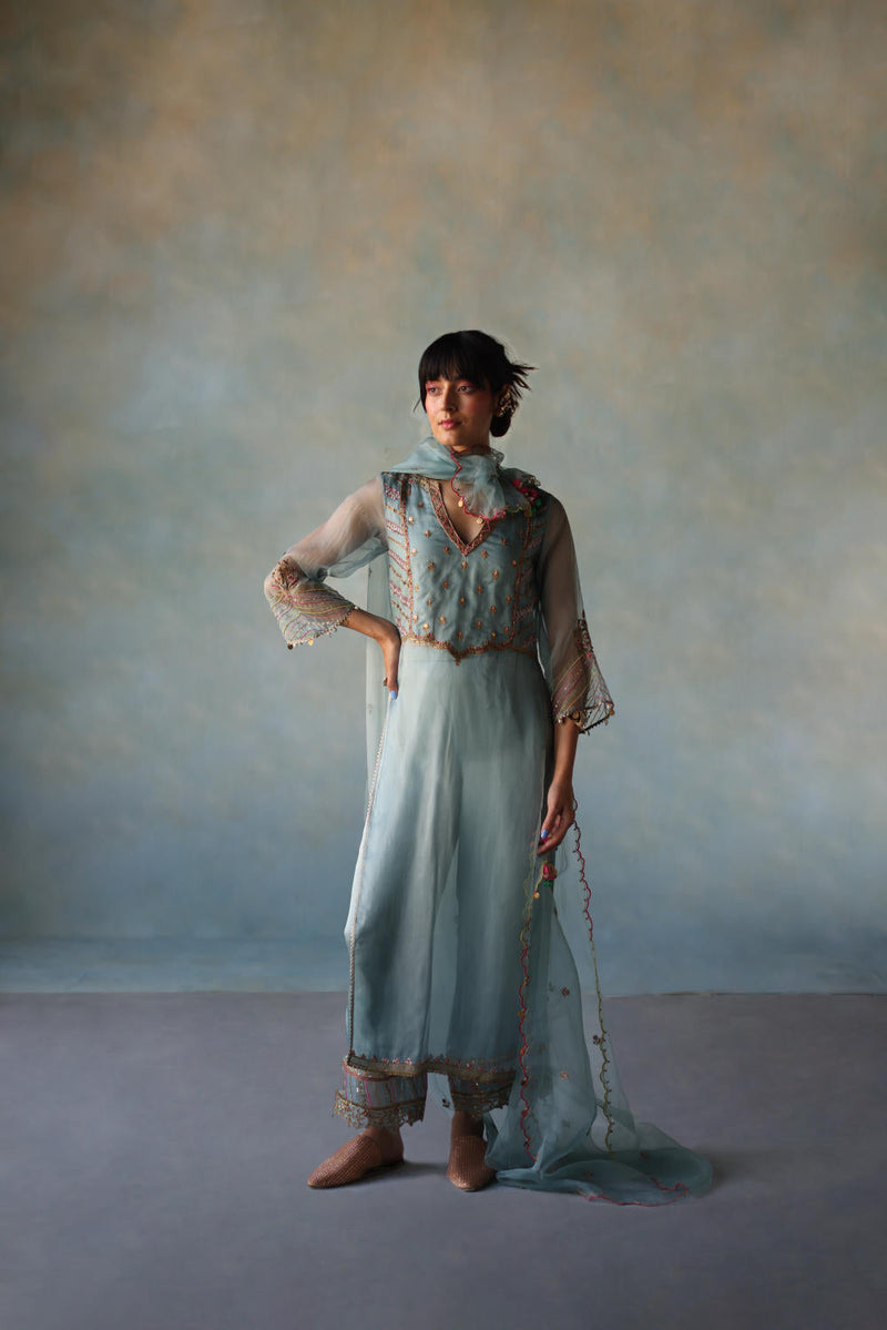 GUL ICE BLUE ORGANZA KURTA SET organza by Rajiramniq for women Worldwide