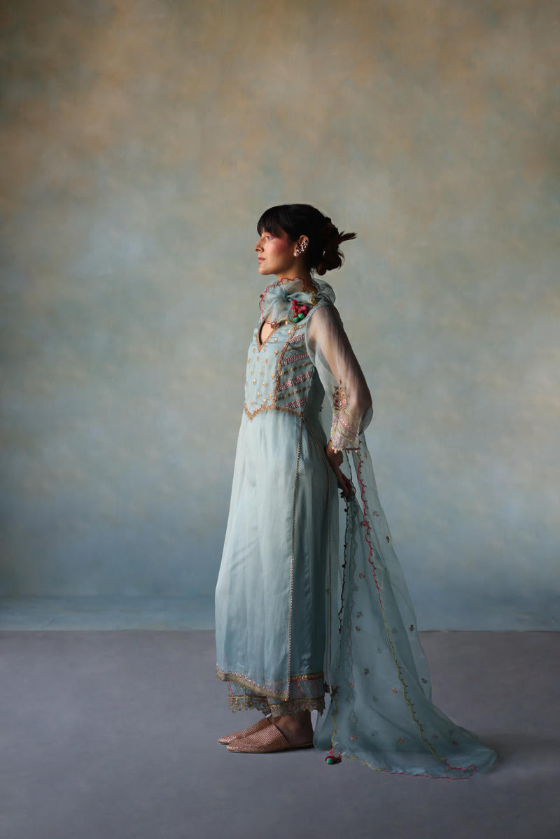 GUL ICE BLUE ORGANZA KURTA SET organza by Rajiramniq for women Worldwide