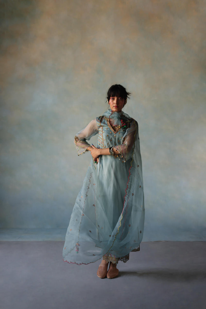 GUL ICE BLUE ORGANZA KURTA SET organza by Rajiramniq for women Worldwide