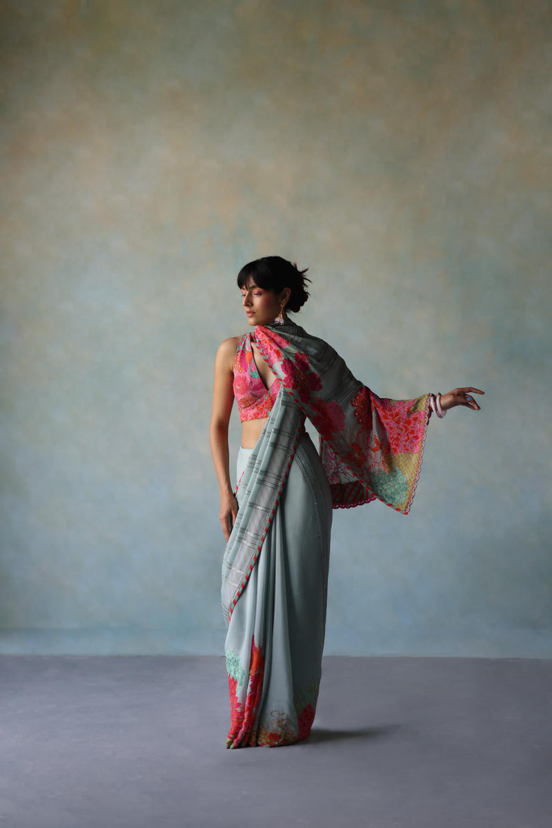GUL ICE BLUE PRINTED STRIPE CREPE SARI by Rajiramniq for women Worldwide