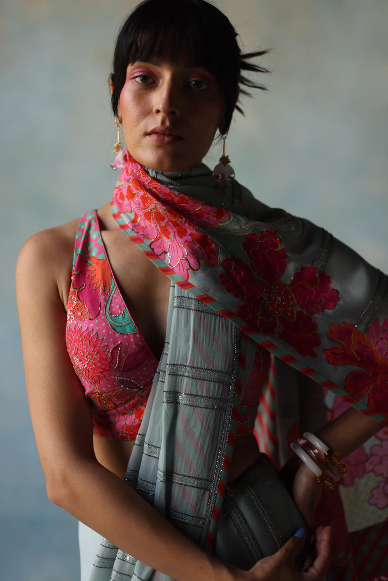 GUL ICE BLUE PRINTED STRIPE CREPE SARI by Rajiramniq for women Worldwide