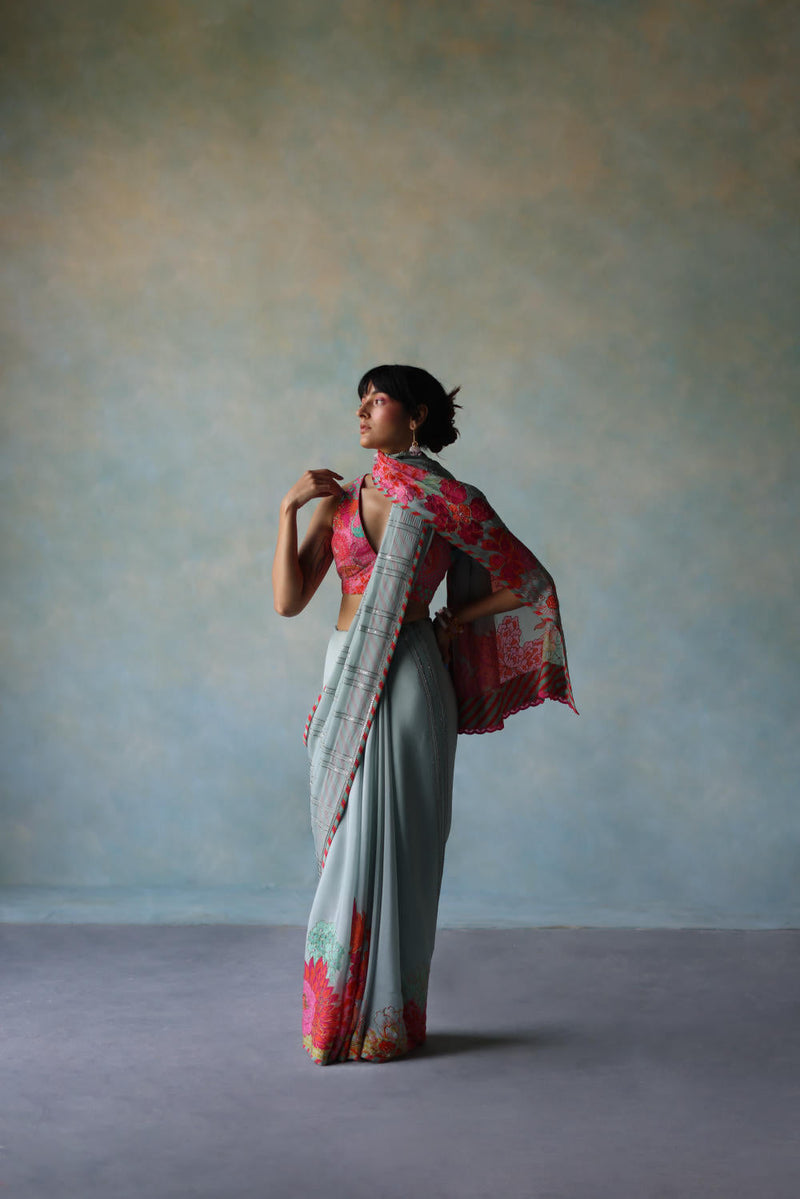 GUL ICE BLUE PRINTED STRIPE CREPE SARI by Rajiramniq for women Worldwide
