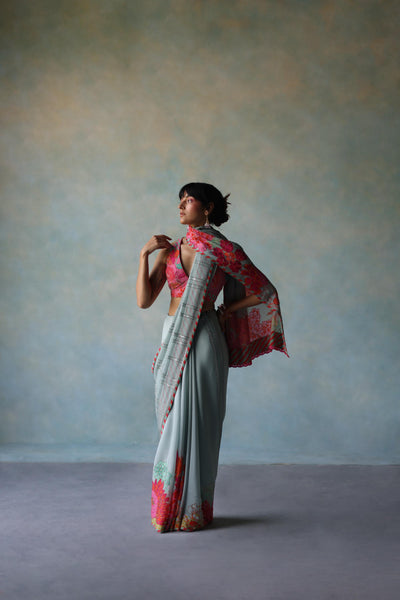 GUL ICE BLUE PRINTED STRIPE CREPE SARI