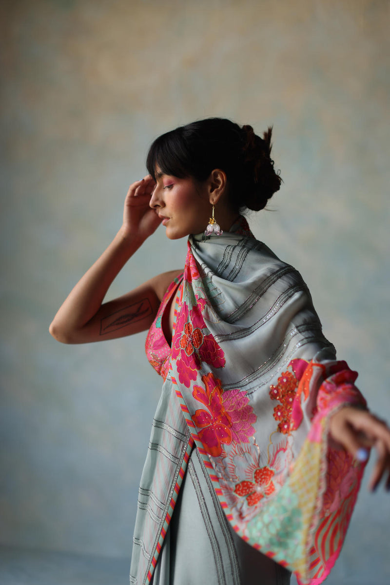 GUL ICE BLUE PRINTED STRIPE CREPE SARI by Rajiramniq for women Worldwide