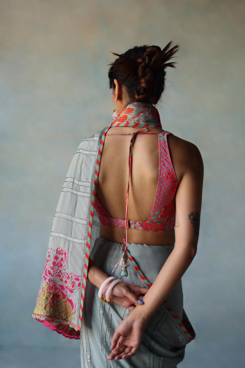 GUL ICE BLUE PRINTED STRIPE CREPE SARI by Rajiramniq for women Worldwide