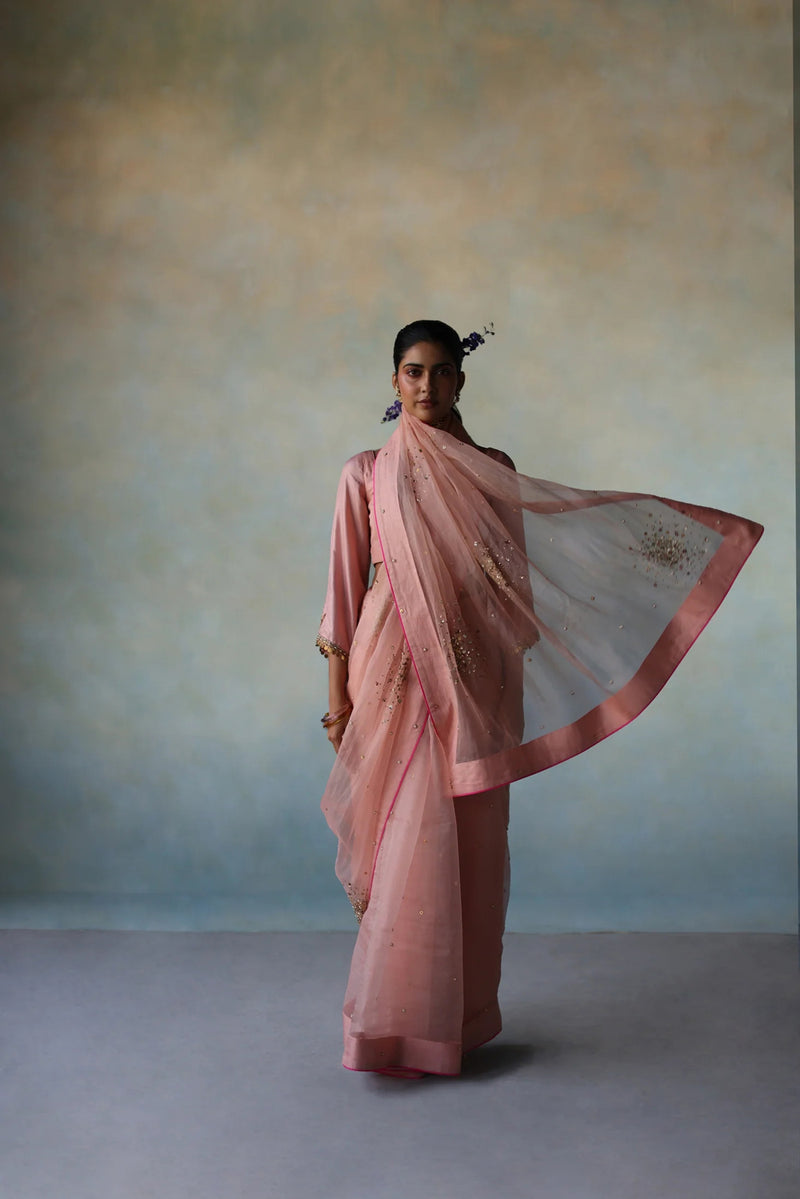 Gul Pastel Pink Sequin Flower Sari organza , silk by Rajiramniq in pink for women Worldwide