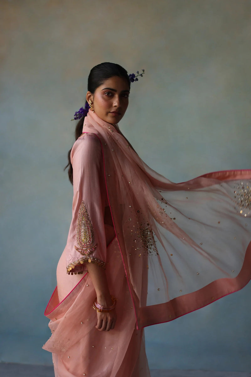 Gul Pastel Pink Sequin Flower Sari organza , silk by Rajiramniq in pink for women Worldwide