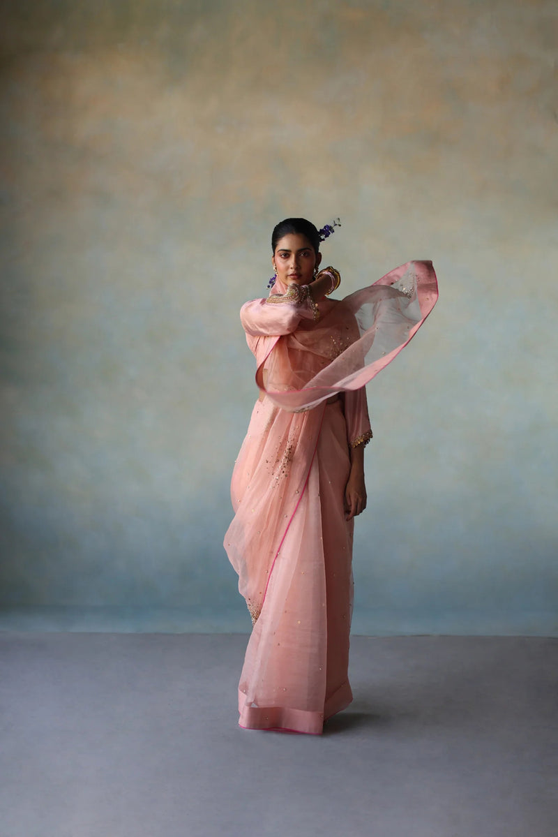 Gul Pastel Pink Sequin Flower Sari organza , silk by Rajiramniq in pink for women Worldwide