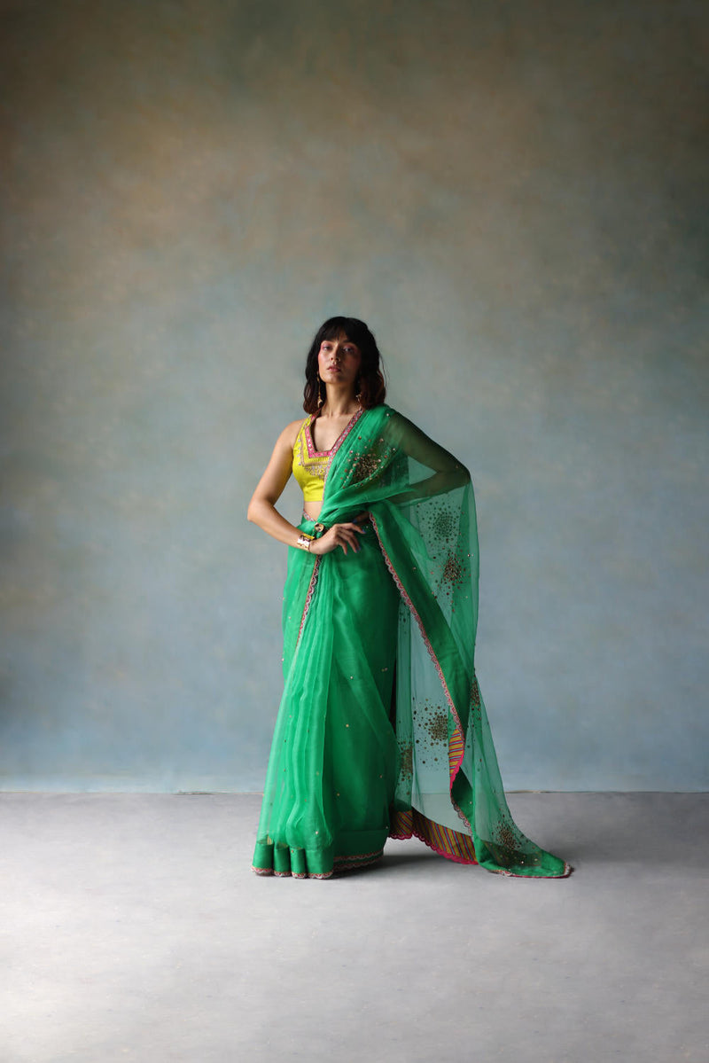 GUL GREEN SEQUIN FLOWER SARI organza by Rajiramniq for women Worldwide