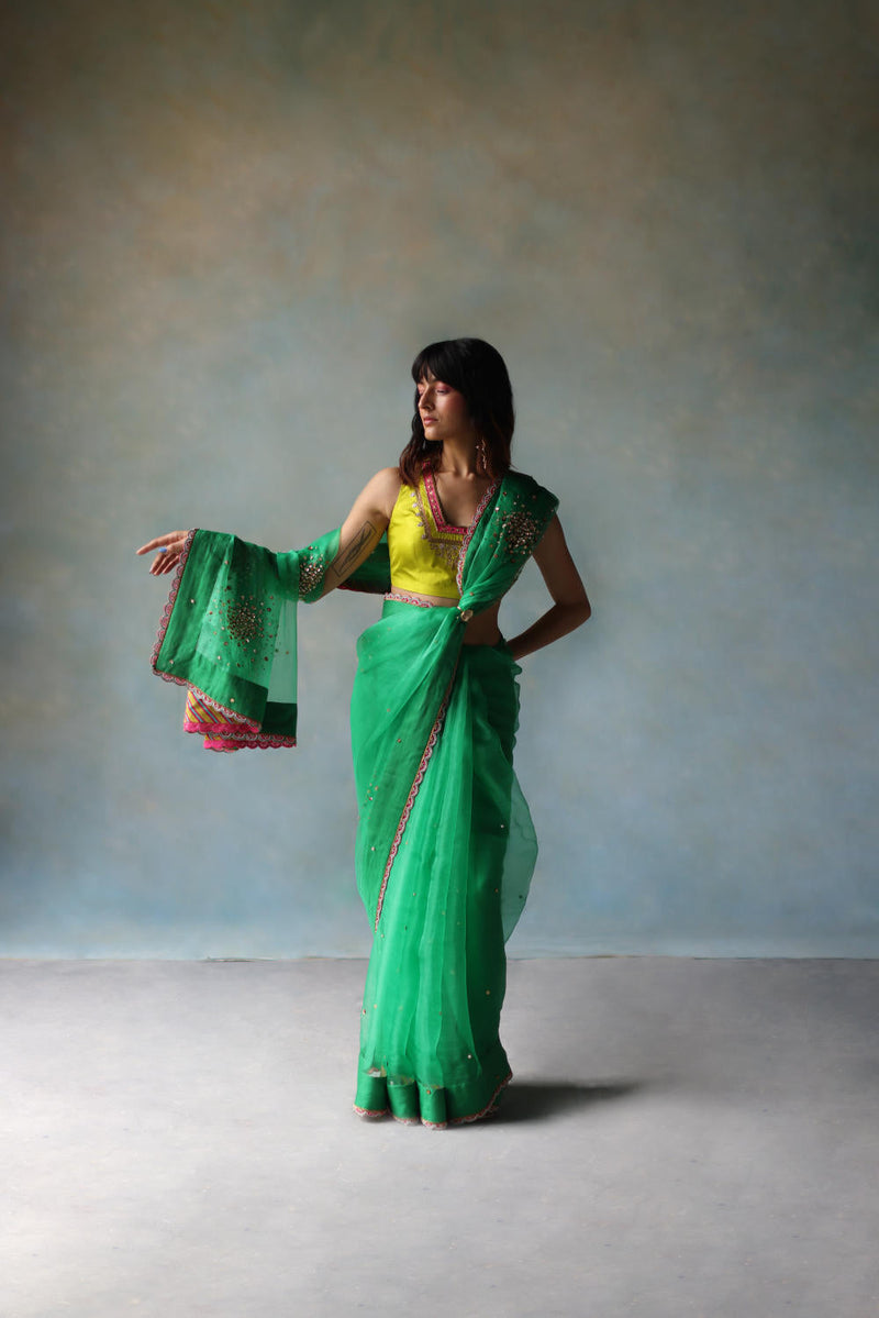 GUL GREEN SEQUIN FLOWER SARI organza by Rajiramniq for women Worldwide