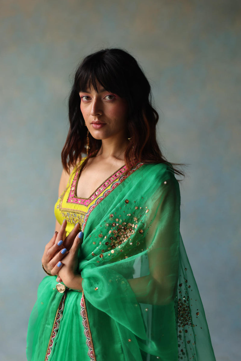 GUL GREEN SEQUIN FLOWER SARI organza by Rajiramniq for women Worldwide