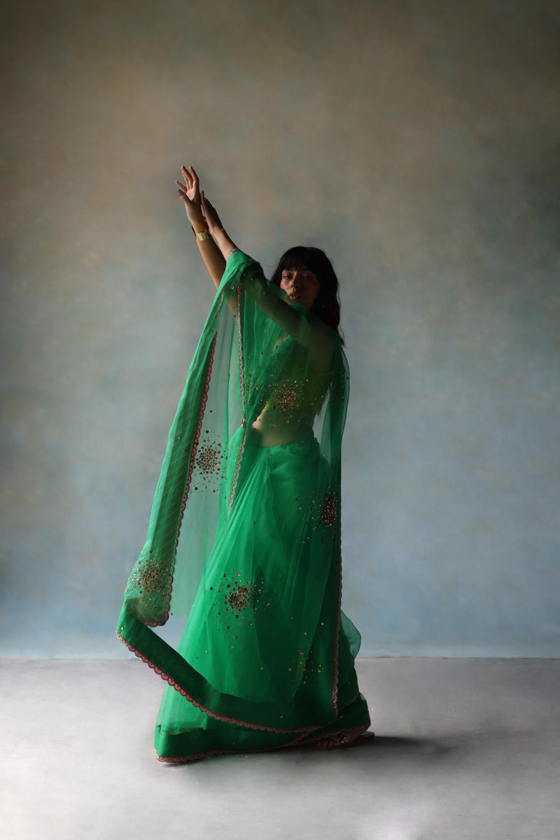GUL GREEN SEQUIN FLOWER SARI organza by Rajiramniq for women Worldwide