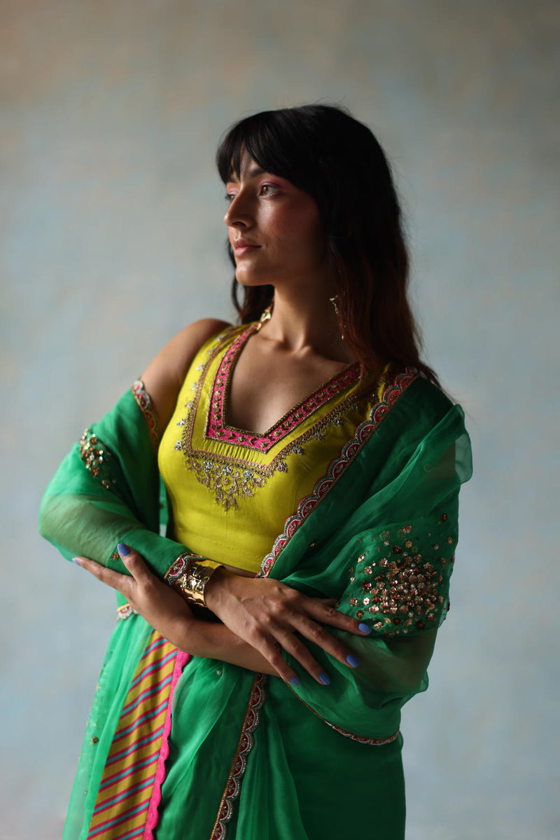 GUL GREEN SEQUIN FLOWER SARI organza by Rajiramniq for women Worldwide