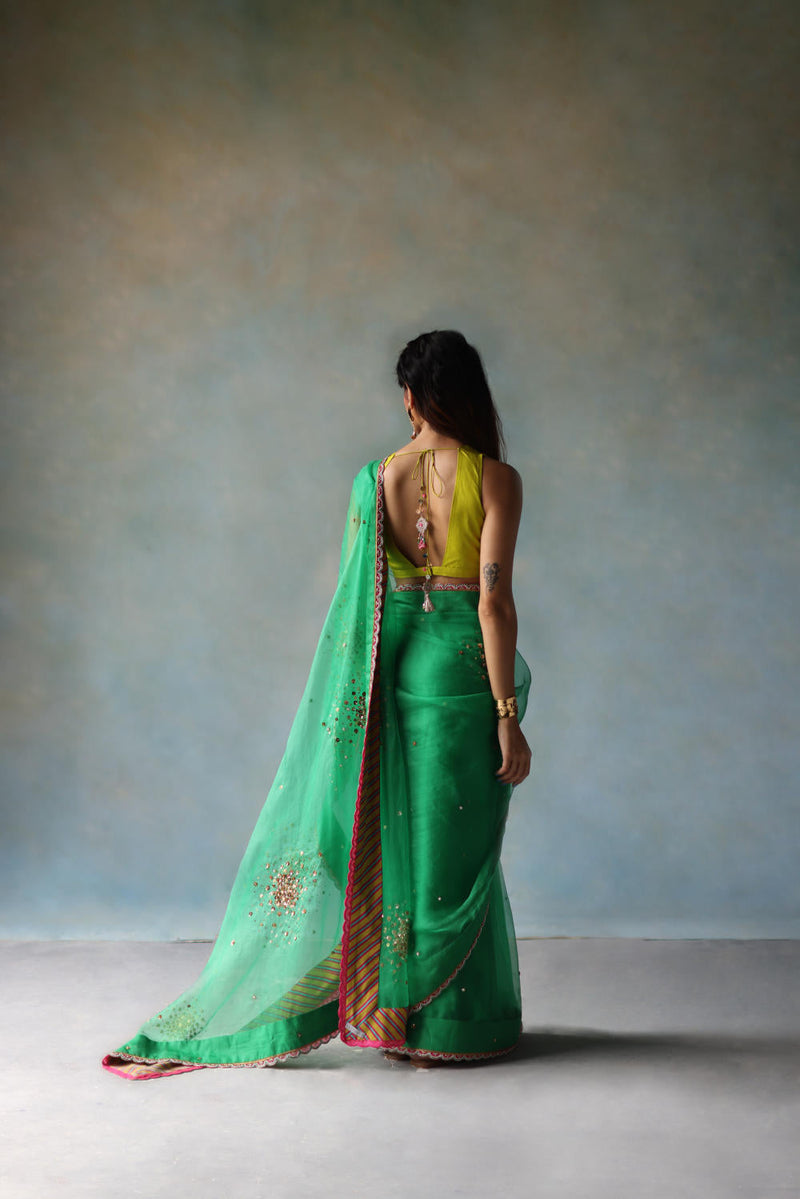 GUL GREEN SEQUIN FLOWER SARI organza by Rajiramniq for women Worldwide