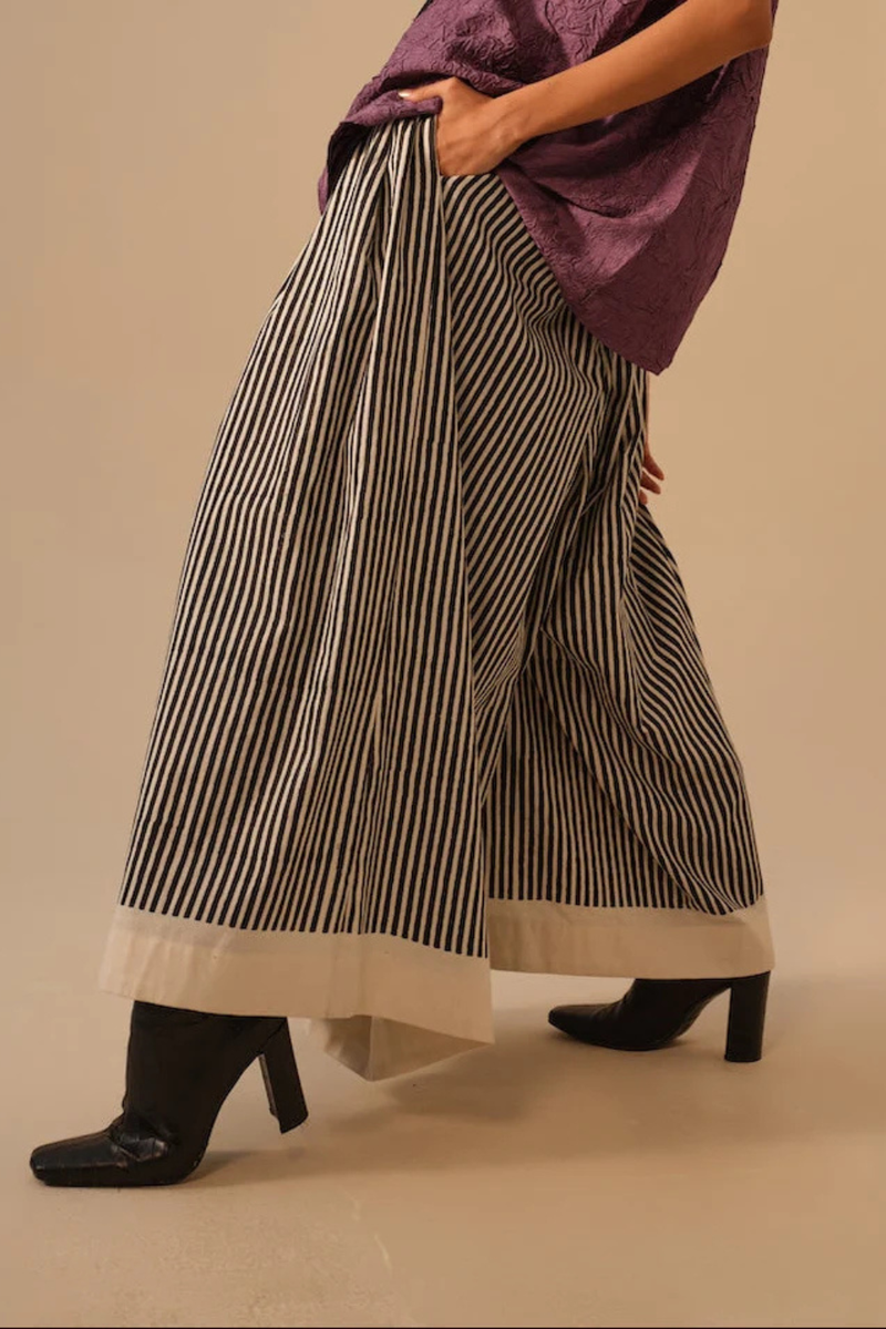 Gale Pants-Natural + Black handwoven cotton pants/trousers by Stoique in black for women Worldwide