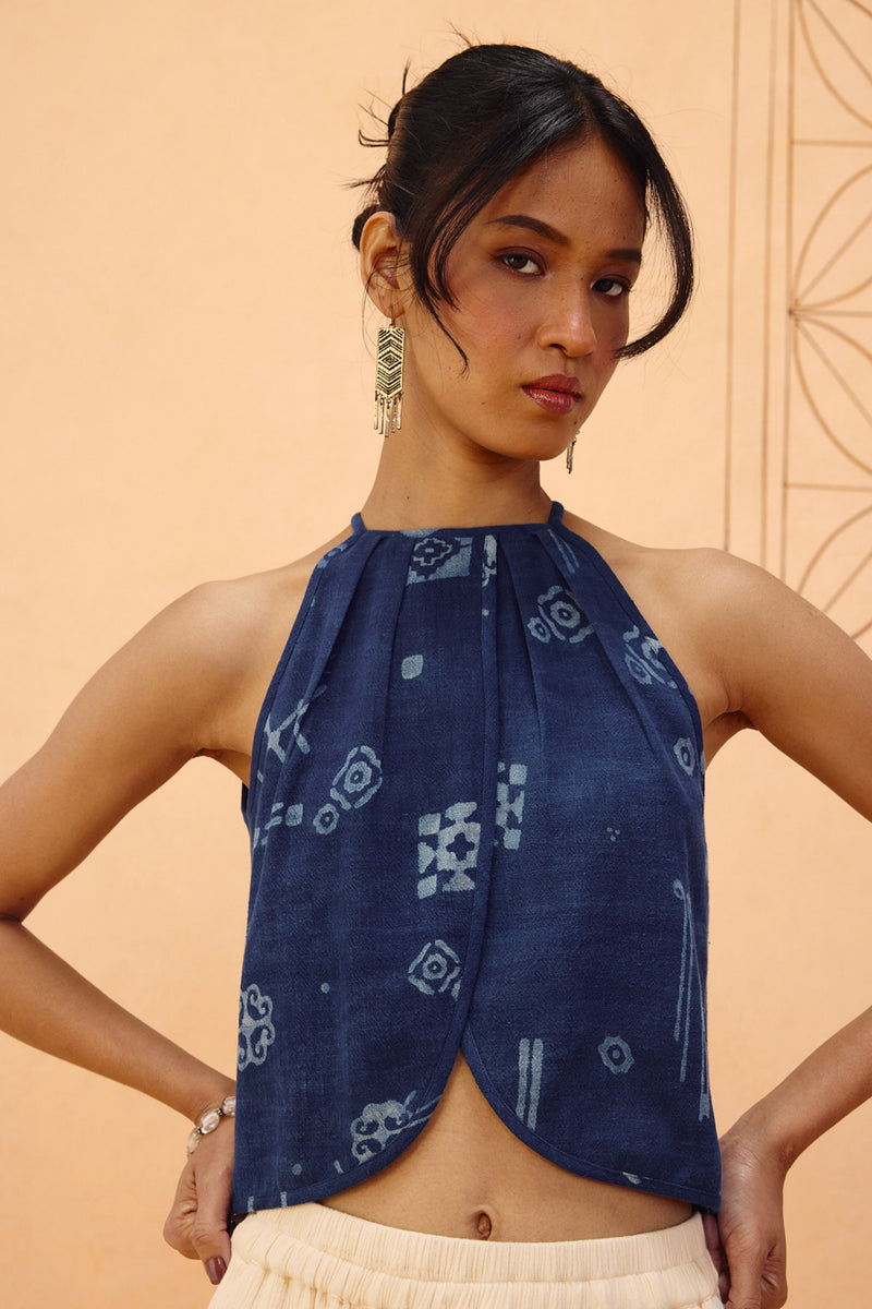 Garden Of Harmony Handspun Handwoven Organic Cotton Halter Top organic cotton top/shirt by SUI in indigo for women Worldwide