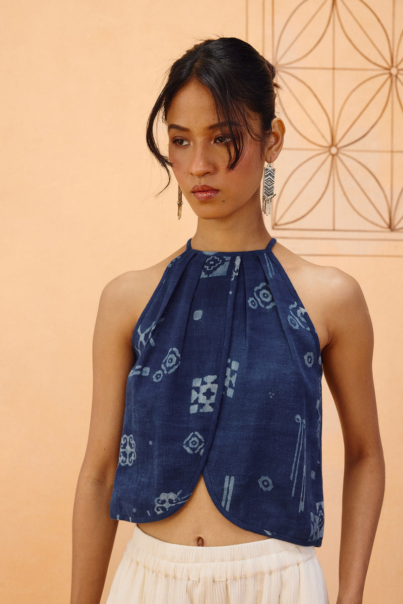 Garden Of Harmony Handspun Handwoven Organic Cotton Halter Top organic cotton top/shirt by SUI in indigo for women Worldwide