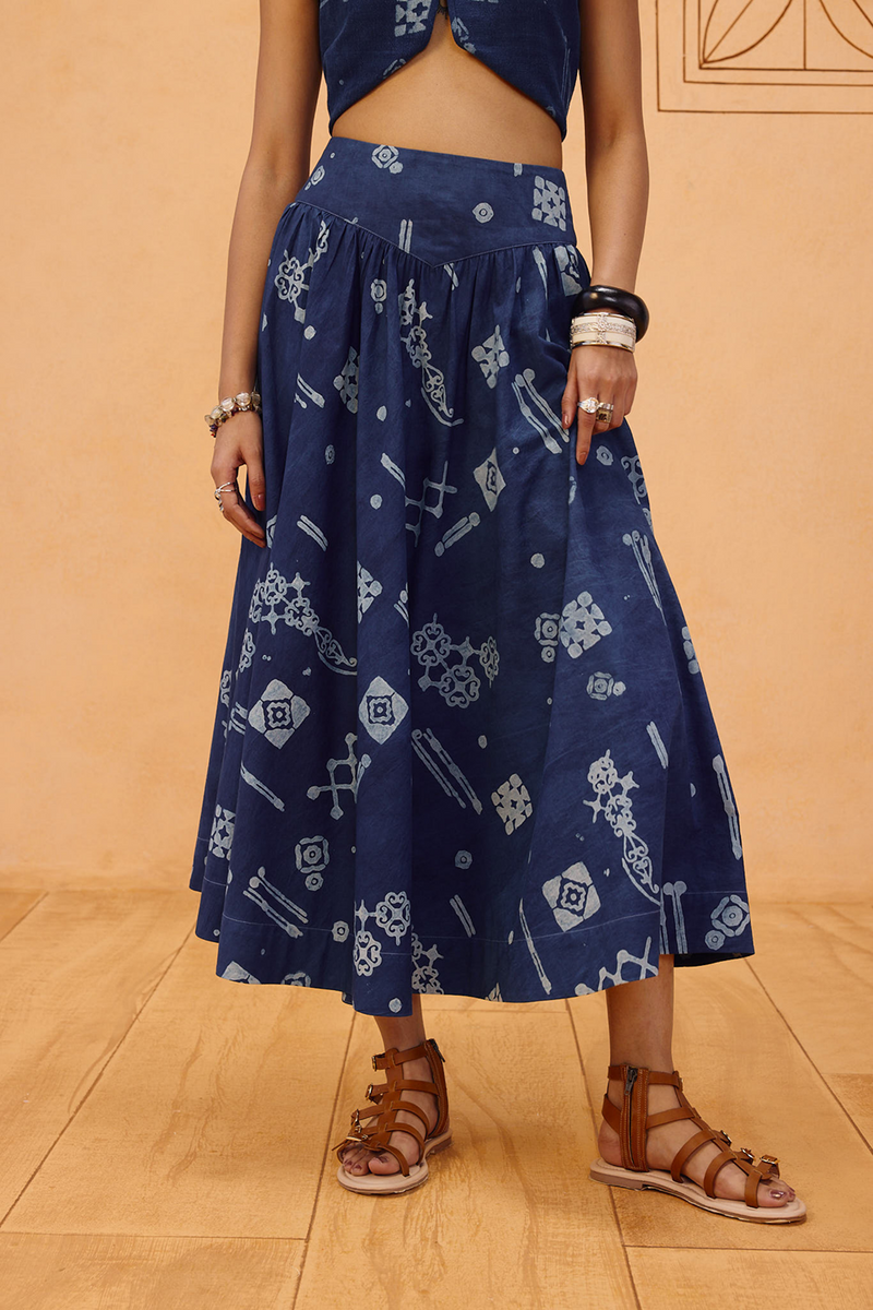 Garden Of Harmony Organic Cotton Maxi Skirt organic cotton poplin pant/trouser by SUI in indigo for women Worldwide