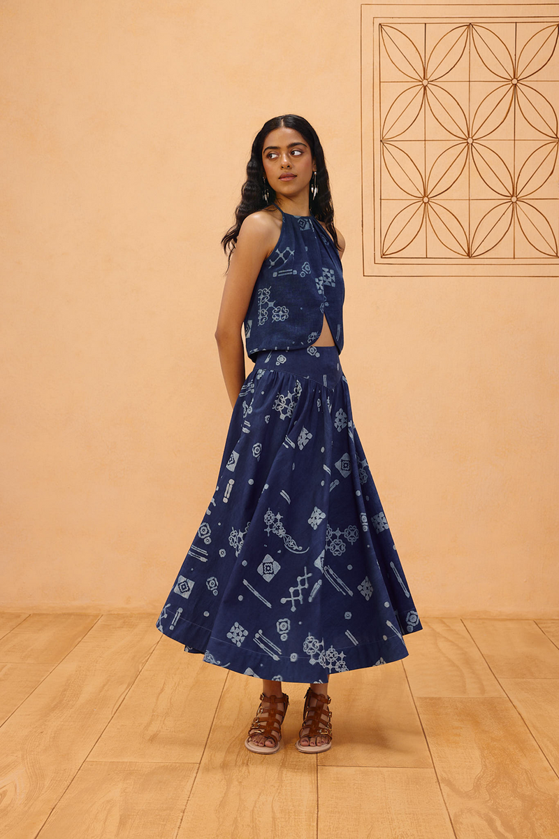 Garden Of Harmony Organic Cotton Maxi Skirt organic cotton poplin pant/trouser by SUI in indigo for women Worldwide