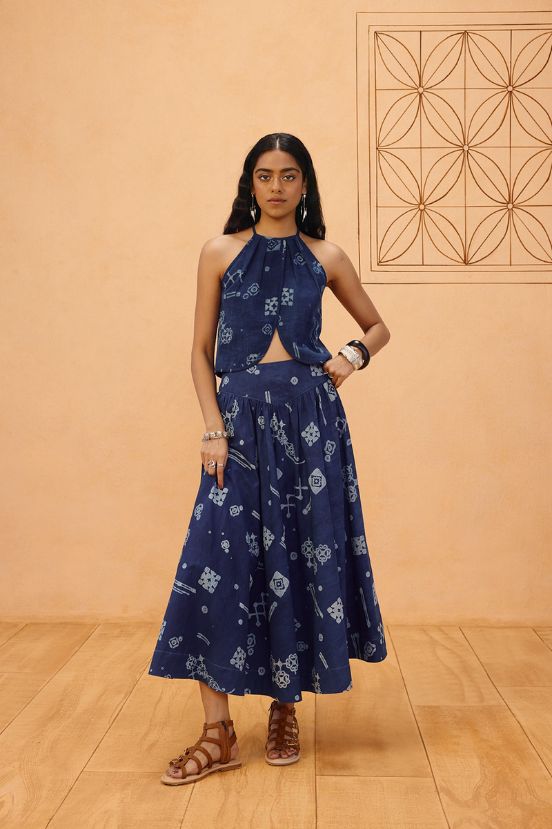 Garden Of Harmony Organic Cotton Maxi Skirt organic cotton poplin pant/trouser by SUI in indigo for women Worldwide