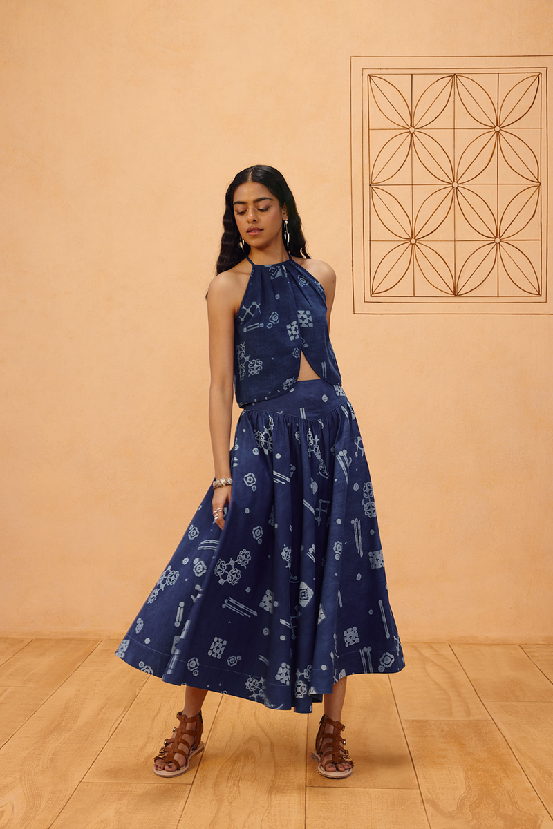 Garden Of Harmony Organic Cotton Maxi Skirt organic cotton poplin pant/trouser by SUI in indigo for women Worldwide