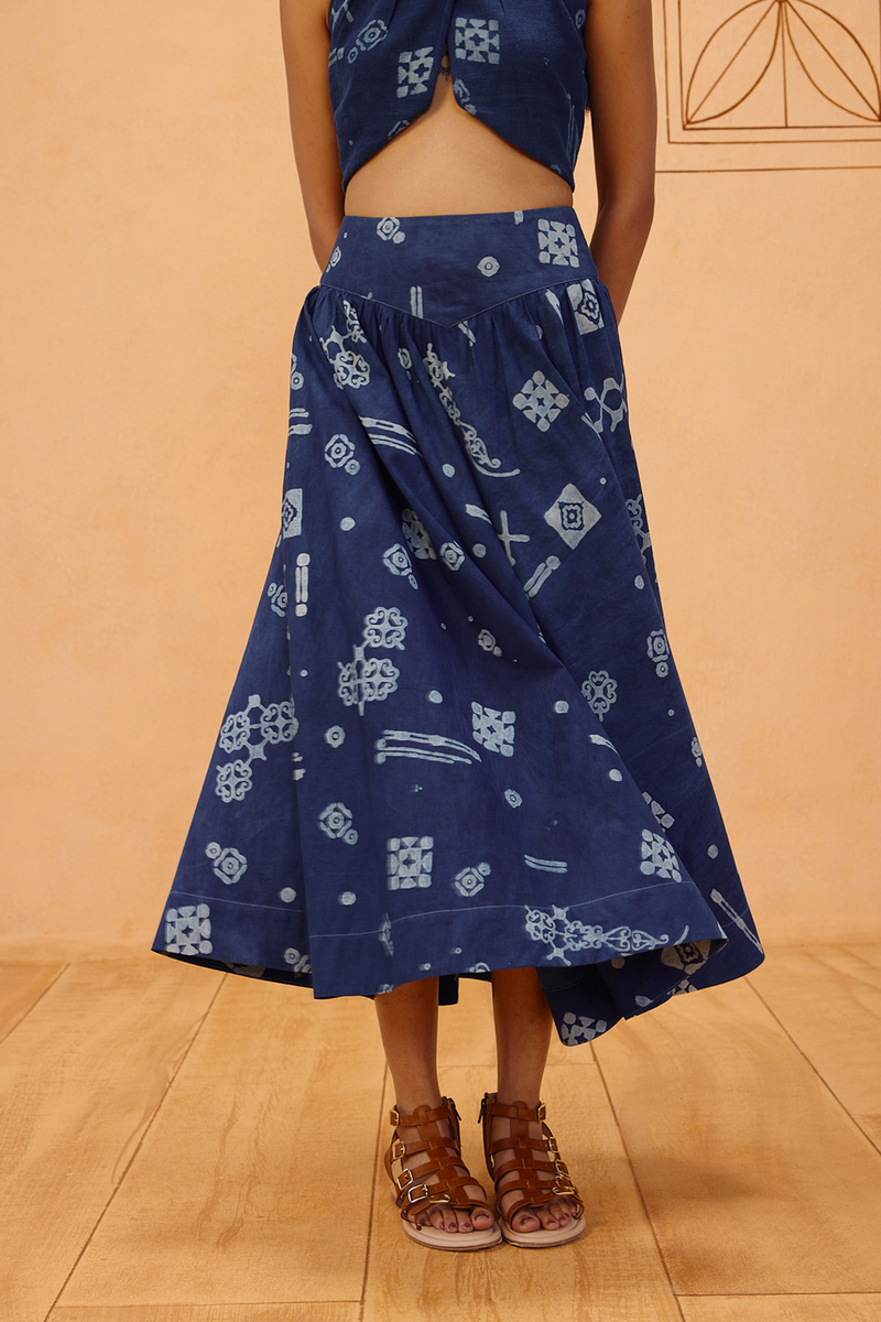 Garden Of Harmony Organic Cotton Maxi Skirt organic cotton poplin pant/trouser by SUI in indigo for women Worldwide