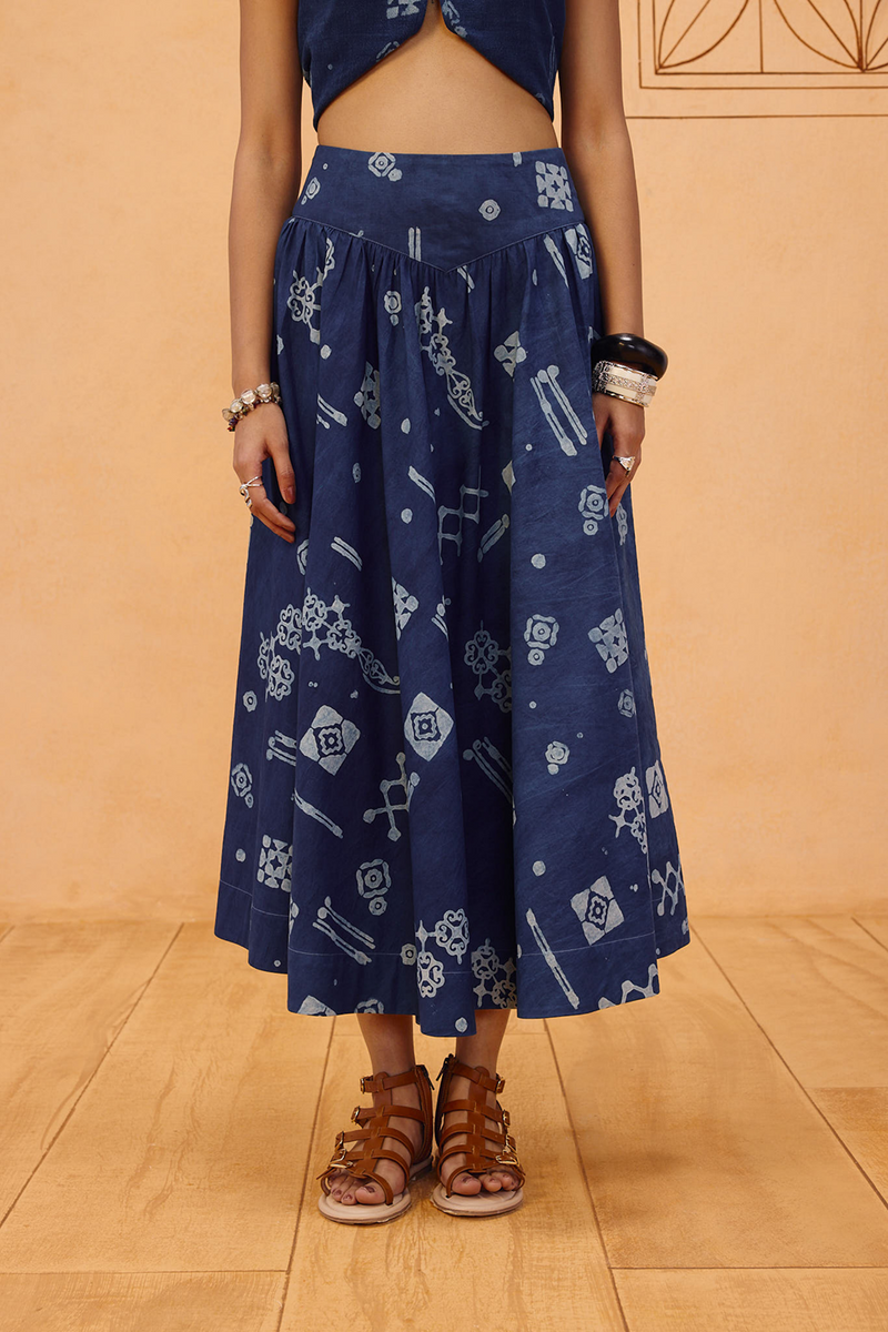 Garden Of Harmony Organic Cotton Maxi Skirt organic cotton poplin pant/trouser by SUI in indigo for women Worldwide