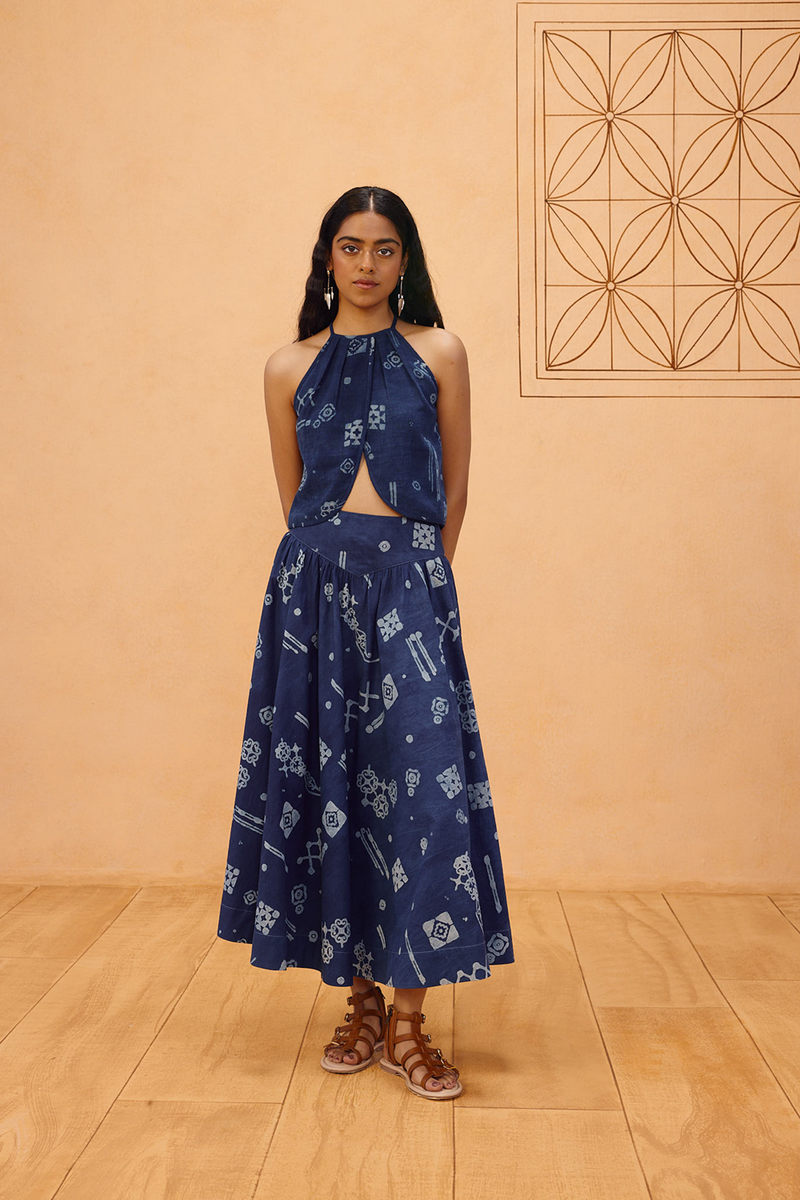 Garden Of Harmony Organic Cotton Maxi Skirt organic cotton poplin pant/trouser by SUI in indigo for women Worldwide