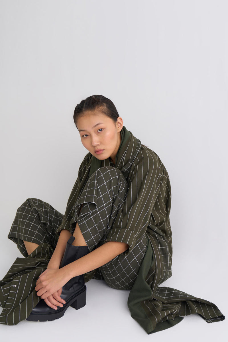 Gather Neck Shirt Co-ord - Olive Co-ord Set by THREE for women Worldwide