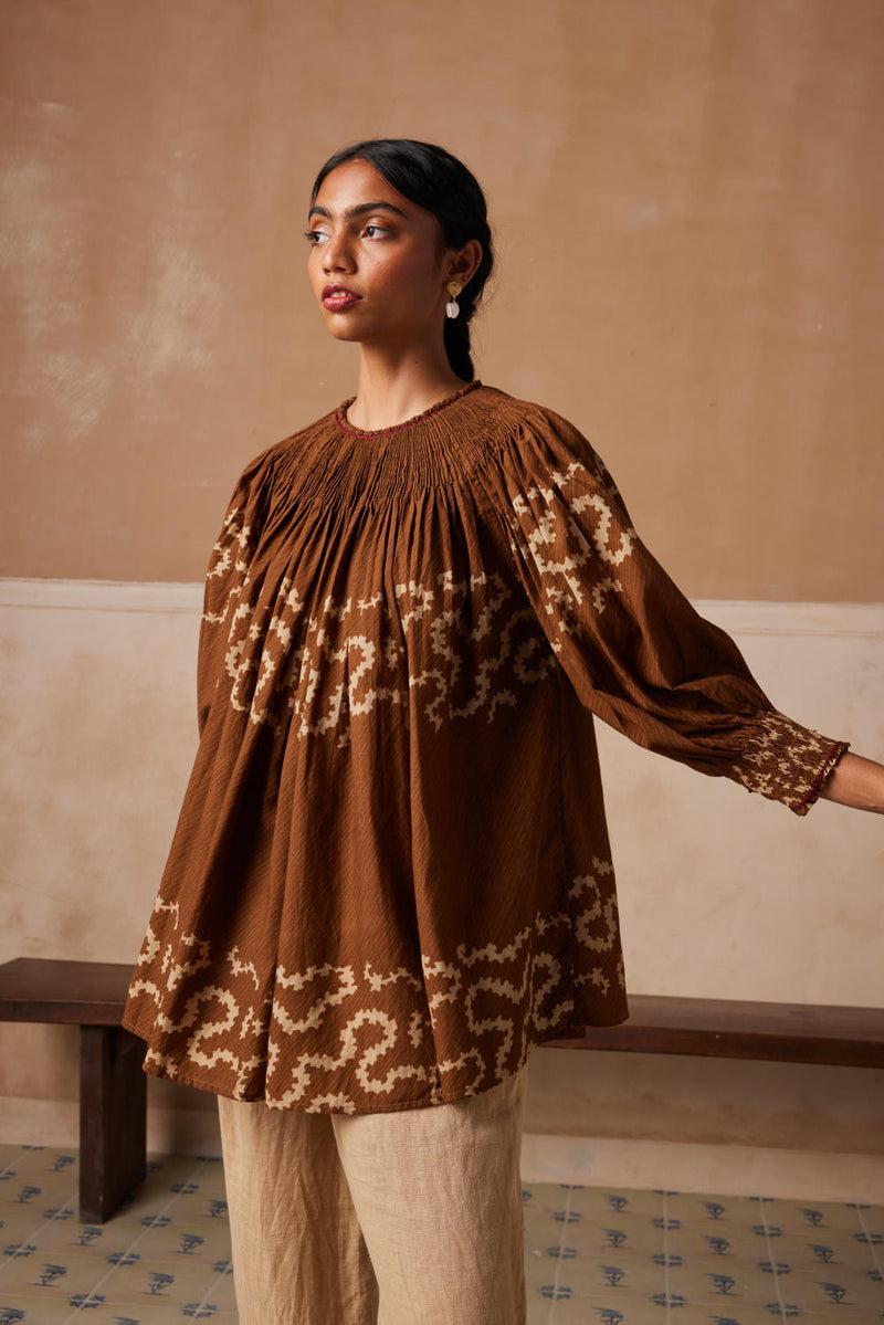 Gathered Top-Tan Spiral cotton by CORD for women Worldwide