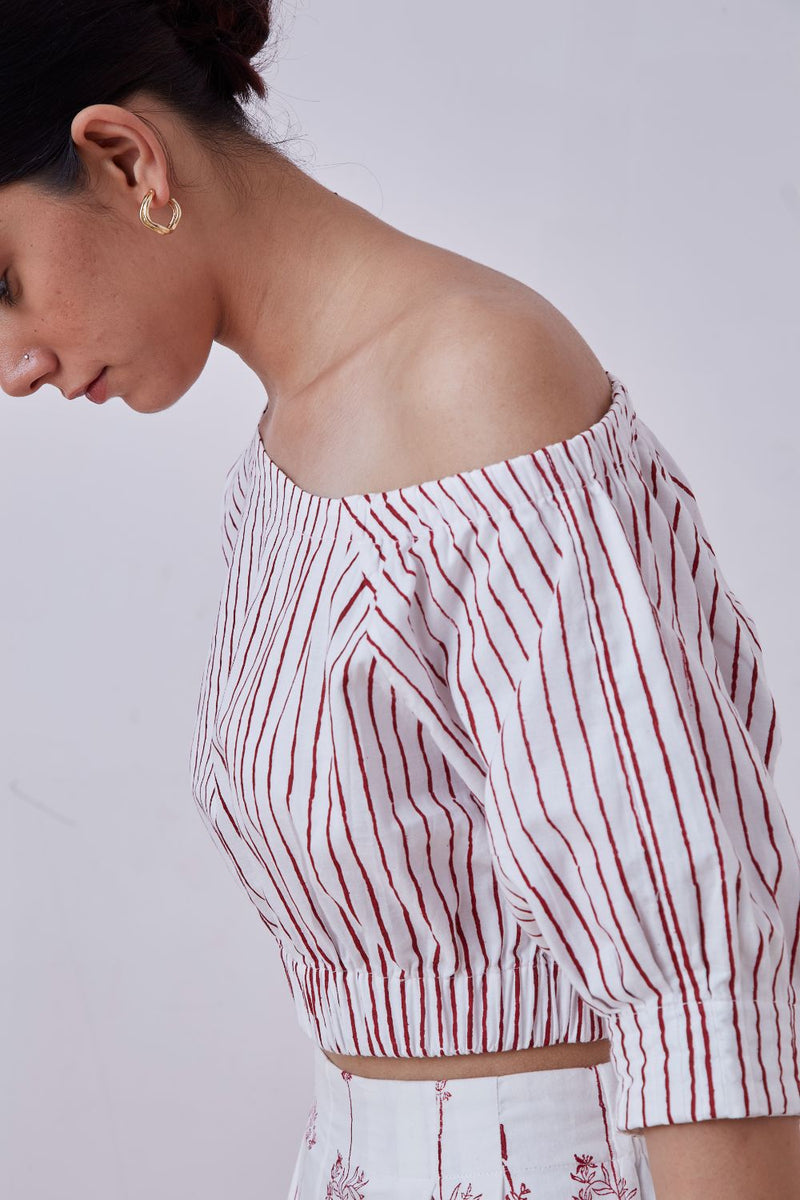 Gaya Red Stripe Hand Printed Top cotton cambric top/shirt by The Summer House for women Worldwide