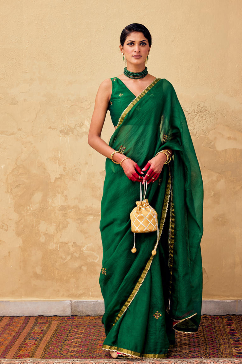 Ghazal saree with blouse silk by Khara Kapas in green for women Worldwide