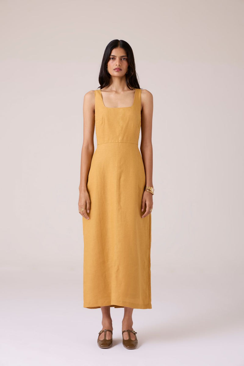 Glasswing Mustard Linen Dress linen by The Summer House in mustard color for women Worldwide