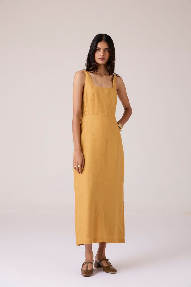 Glasswing Mustard Linen Dress linen by The Summer House in mustard color for women Worldwide