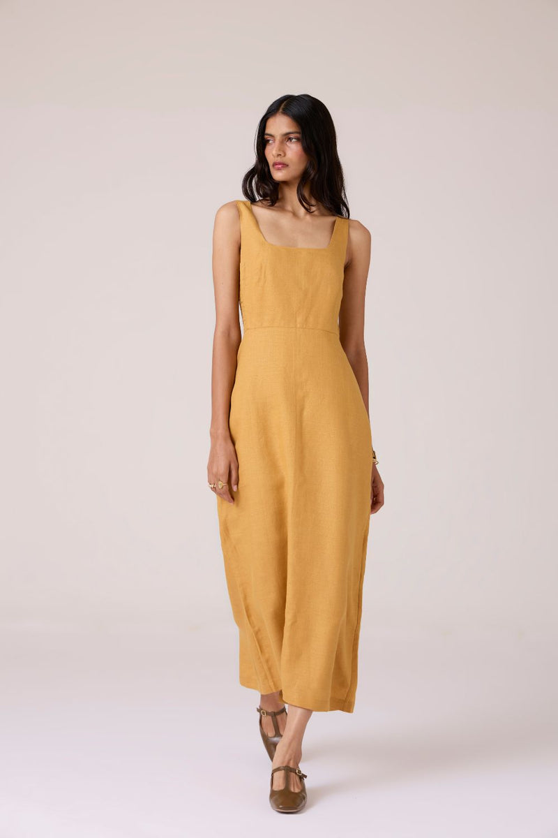 Glasswing Mustard Linen Dress linen by The Summer House in mustard color for women Worldwide