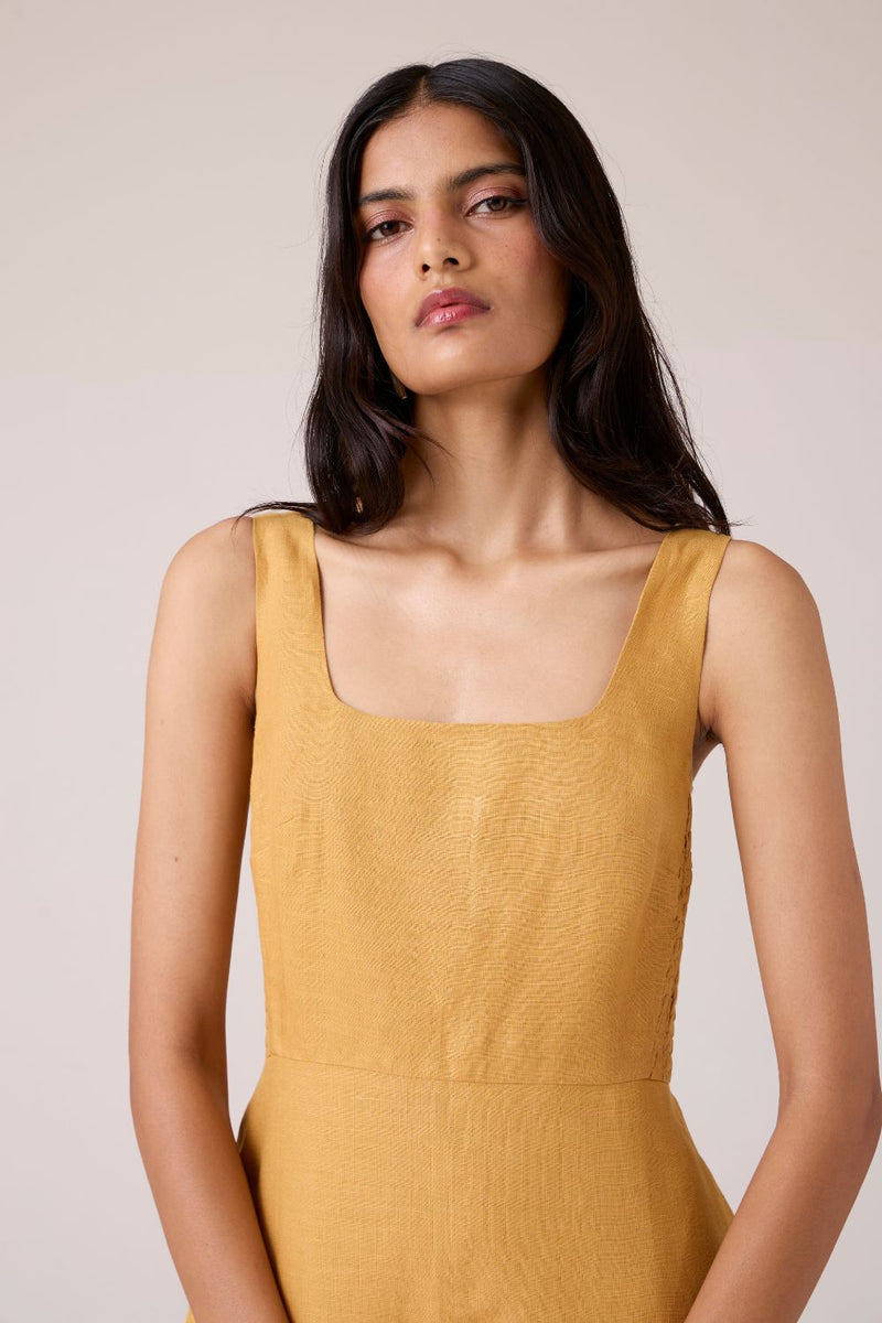 Glasswing Mustard Linen Dress linen by The Summer House in mustard color for women Worldwide
