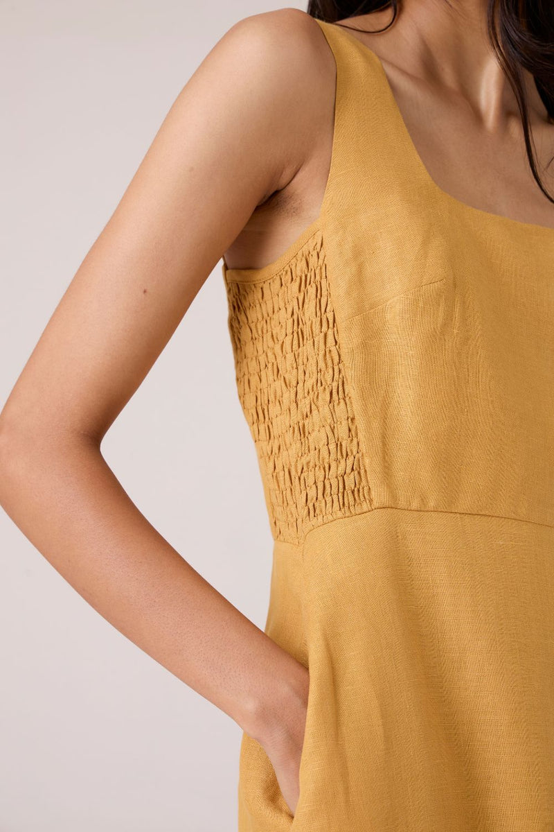 Glasswing Mustard Linen Dress linen by The Summer House in mustard color for women Worldwide