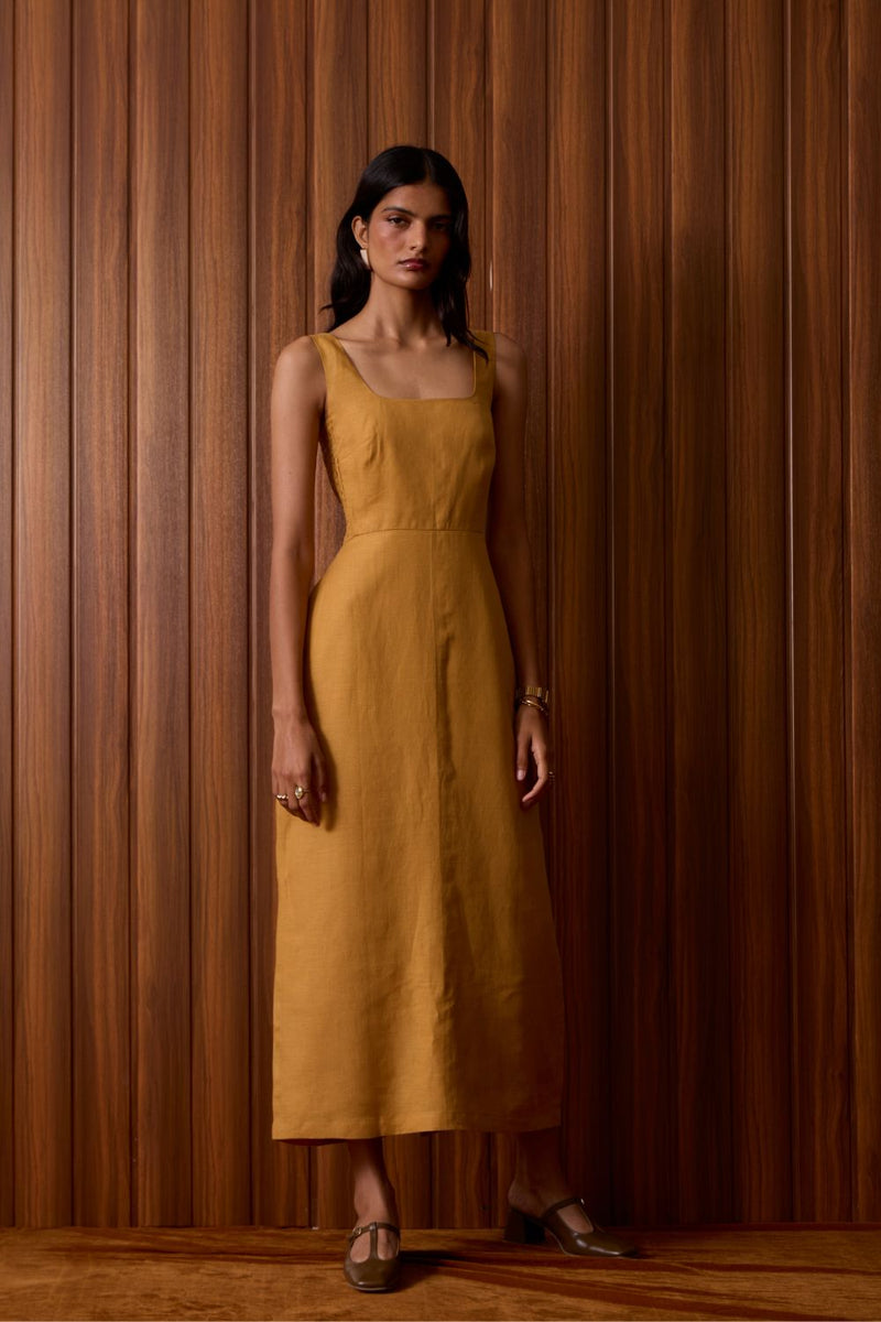 Glasswing Mustard Linen Dress linen by The Summer House in mustard color for women Worldwide