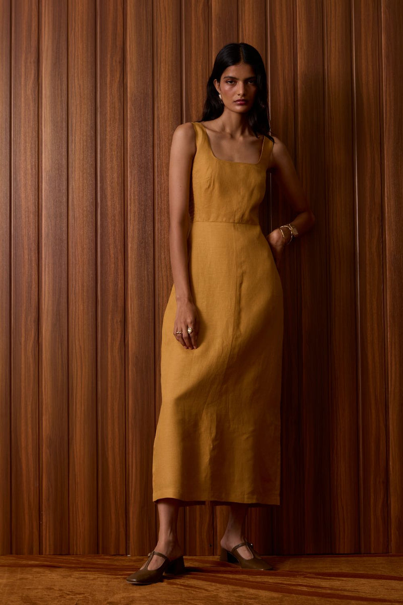 Glasswing Mustard Linen Dress linen by The Summer House in mustard color for women Worldwide