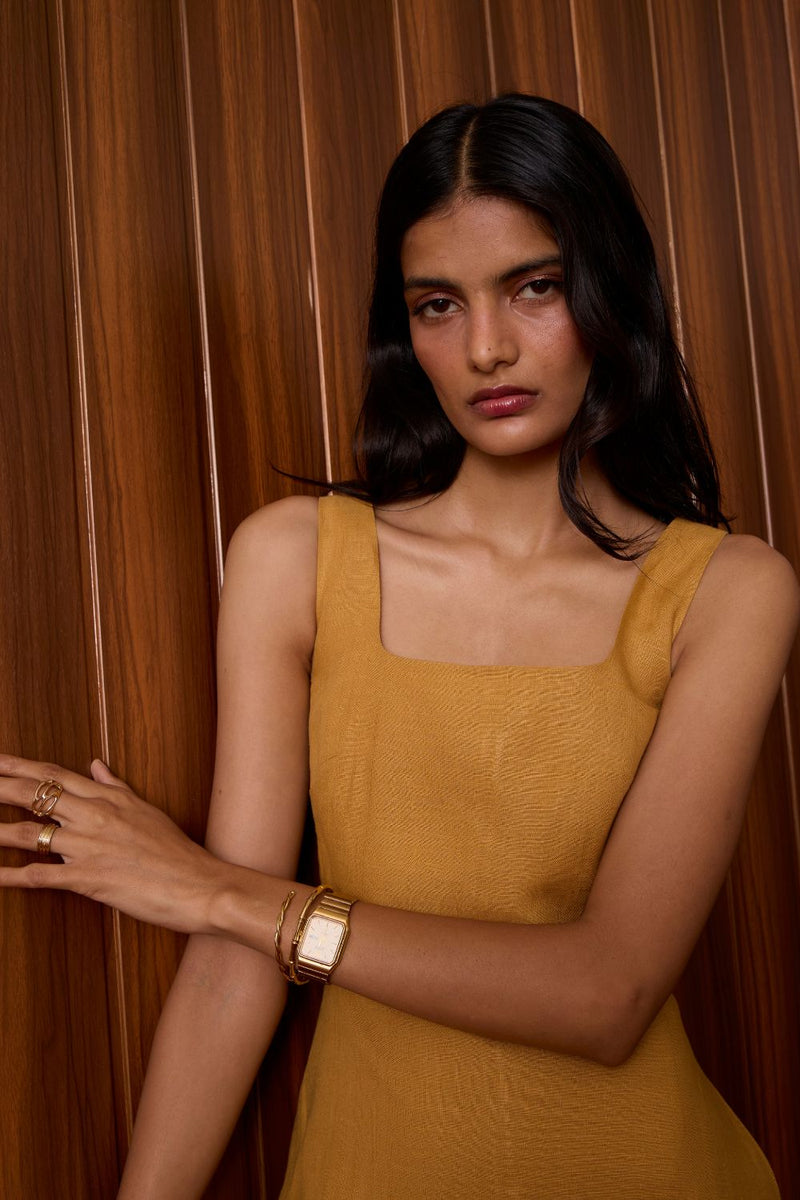 Glasswing Mustard Linen Dress linen by The Summer House in mustard color for women Worldwide