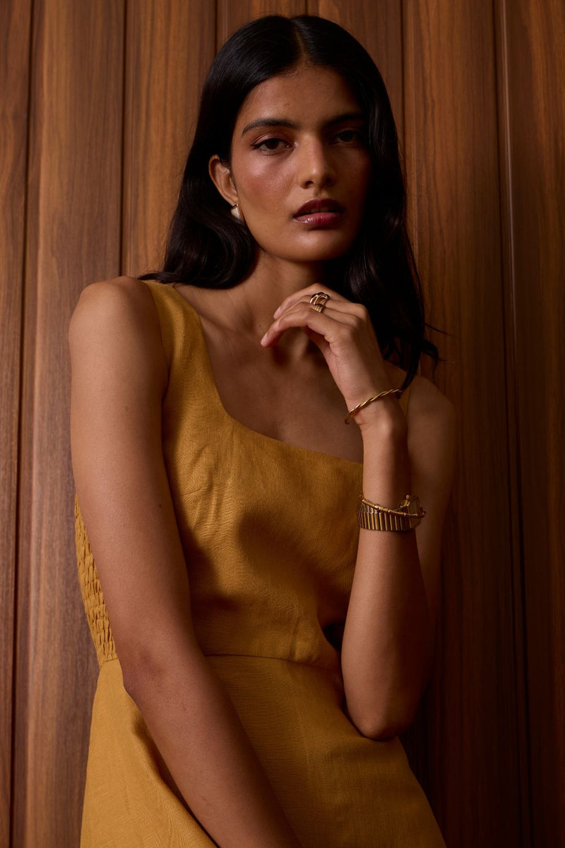 Glasswing Mustard Linen Dress linen by The Summer House in mustard color for women Worldwide