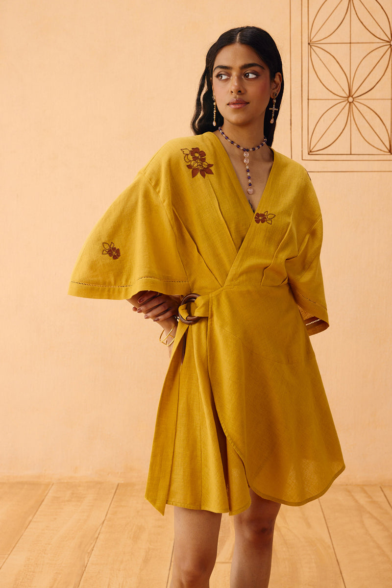 Glowing Garden Handspun Handwoven Organic Cotton Wrap Dress organic cotton dress by SUI in mustard for women Worldwide