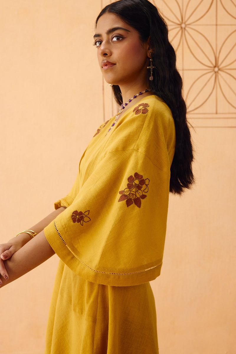 Glowing Garden Handspun Handwoven Organic Cotton Wrap Dress organic cotton dress by SUI in mustard for women Worldwide