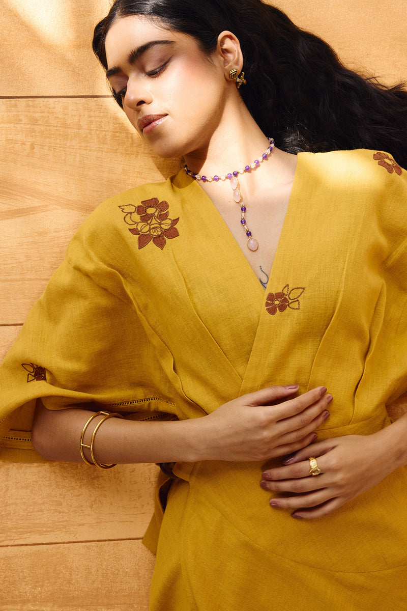 Glowing Garden Handspun Handwoven Organic Cotton Wrap Dress organic cotton dress by SUI in mustard for women Worldwide