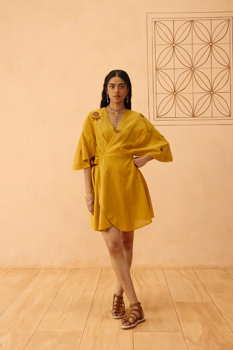 Glowing Garden Handspun Handwoven Organic Cotton Wrap Dress organic cotton dress by SUI in mustard for women Worldwide